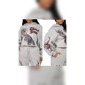 Smoke Rise RED Ethereal Dream Cropped Hoodie Graphic Sweatshirt M